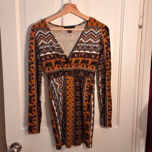 Forever 21 Boho Elephant Print Mini Dress - Long Sleeve - Size S